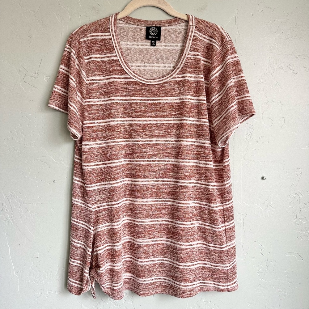Bobeau‎ Women’s Fall Heather Rust Spice White Striped Side Tie Tee Size XXL EUC